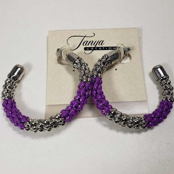 Purple & Silver Braided Beaded Hoop Earrings –Bold Statement Fashion Jewelry - Picture 3 of 9